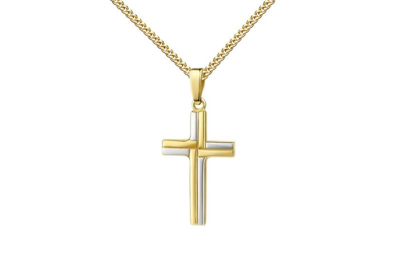 JEVELION Kreuzkette massives Anhänger-Kreuz bicolor 333 Gold - Made in Germany (Goldkreuz, für Damen und Herren), Mit Kette vergoldet- Länge wählbar 36 - 70 cm oder ohne Kette. von JEVELION