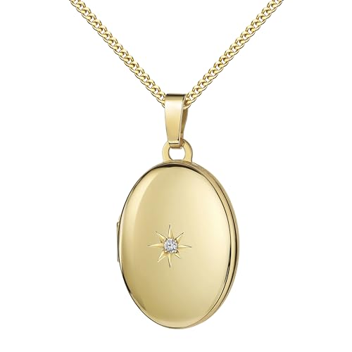 JEVELION Medaillon Set Gold 585 14 Karat mit Zirkonia für 2 Bilder Foto Amulett Anhänger oval zum Öffnen für Damen + Schmuck-Etui und Halskette Mit Halskette 925 Silber vergoldet - Kettenlänge 55 cm. von JEVELION