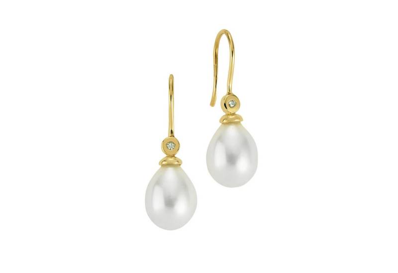 JEVELION Paar Ohrstecker 333 Gelbgold Perlen-Ohrhänger Süßwasserperle weiß mit Brillanten (Gold Ohrschmuck, 2-tlg., für Damen und Mädchen), Goldschmuck - Made in Germany von JEVELION