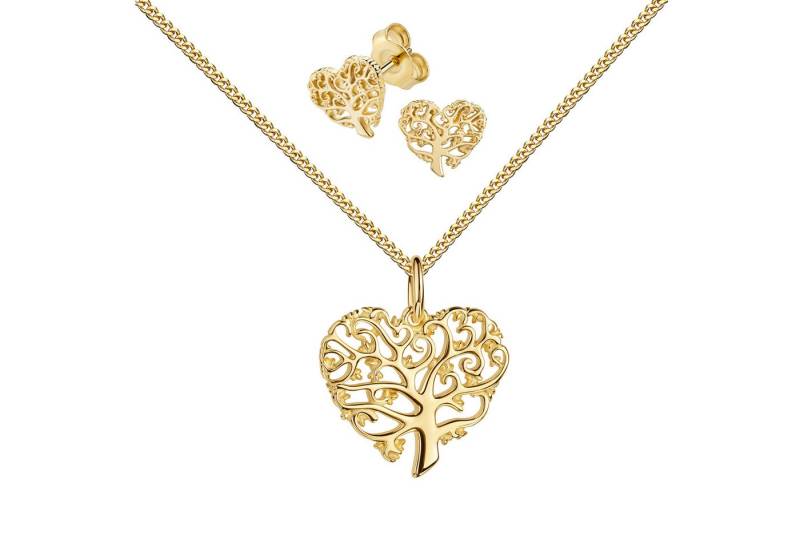 JEVELION Schmuckset 333 Gelbgold Anhänger Herz-Lebensbaum mit 2x Ohrstecker 333 Gold (Goldanhänger + Gold-Ohrschmuck, für Damen und Mädchen), Mit Kette vergoldet- Länge wählbar 36 - 70 cm oder ohne Kette. von JEVELION
