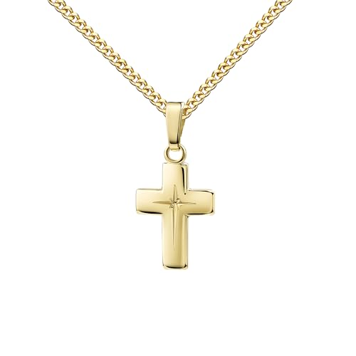 JEVELION Schmuckset 333 Gold Kreuzanhänger 8 Karat Gelbgold hochglanz poliert - kleiner Goldschmuck für Damen und Kinder. Mit Panzer Kette 925 Silber vergoldet - Kettenlänge 36 cm. von JEVELION
