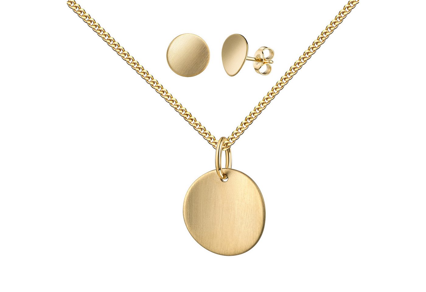 JEVELION Schmuckset Anhänger 585 Gold + 2x Ohrstecker rund gewölbtes Blatt eismattiert (Goldanhänger + Gold-Ohrschmuck, für Damen und Mädchen), Mit Kette vergoldet- Länge wählbar 36 - 70 cm oder ohne Kette. von JEVELION