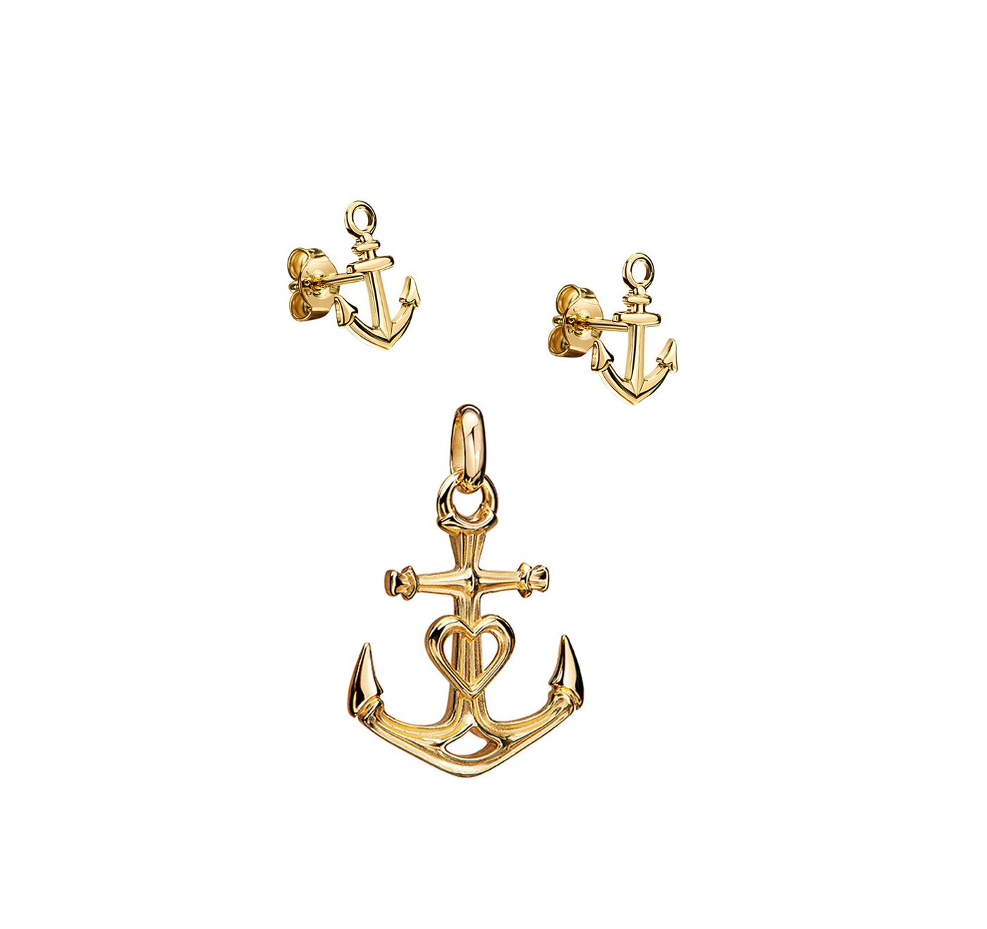 JEVELION Schmuckset Anhänger Anker mit 2x Ohrstecker 333 Gold - Made in Germany (Goldanhänger + Gold-Ohrschmuck, für Damen und Mädchen), Mit Kette vergoldet- Länge wählbar 36 - 70 cm oder ohne Kette. von JEVELION