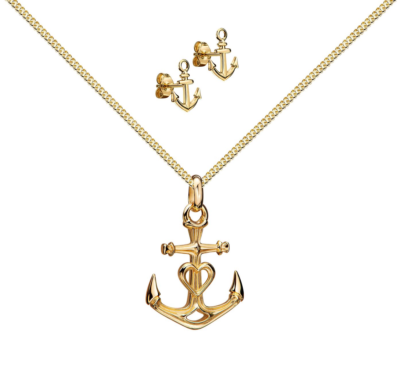 JEVELION Schmuckset Anhänger Anker mit 2x Ohrstecker 333 Gold - Made in Germany (Goldanhänger + Gold-Ohrschmuck, für Damen und Mädchen), Mit Kette vergoldet- Länge wählbar 36 - 70 cm oder ohne Kette. von JEVELION