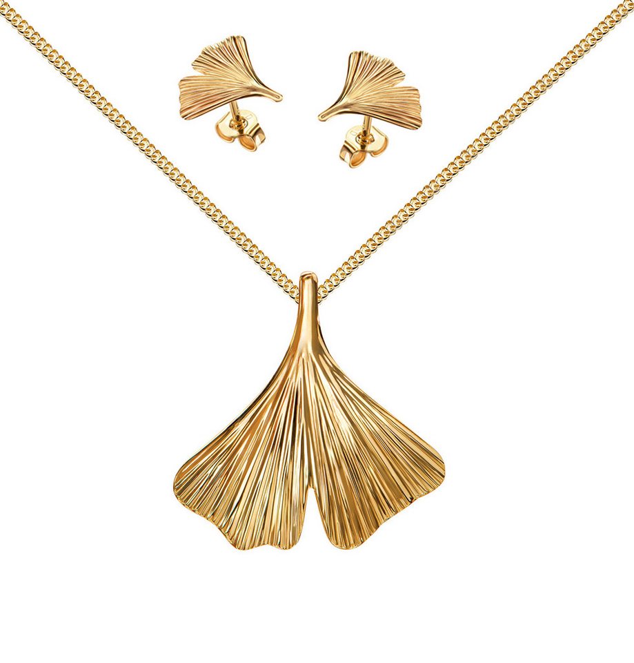 JEVELION Schmuckset Anhänger Ginkgo - Blatt mit 2x Ohrstecker 750 Gold - Made in Germany (Goldanhänger + Gold-Ohrschmuck, für Damen und Mädchen), Mit Kette vergoldet- Länge wählbar 36 - 70 cm oder ohne Kette. von JEVELION