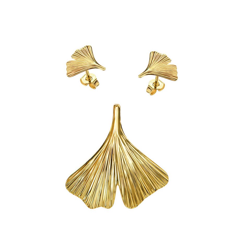 JEVELION Schmuckset Anhänger Ginkgo mit 2x Ohrstecker 585 Gold - Made in Germany (Goldanhänger + Gold-Ohrschmuck, für Damen und Mädchen), Mit Kette vergoldet- Länge wählbar 36 - 70 cm oder ohne Kette. von JEVELION