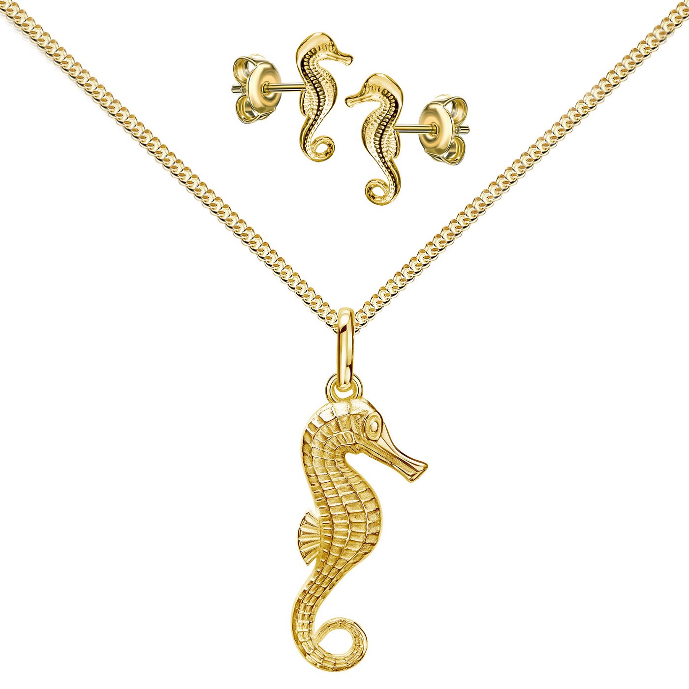 JEVELION Schmuckset Anhänger Seepferdchen mit 2x Ohrstecker 333 Gold- Made in Germany (Goldanhänger + Gold-Ohrschmuck, für Damen und Mädchen), Mit Kette vergoldet- Länge wählbar 36 - 70 cm oder ohne Kette. von JEVELION