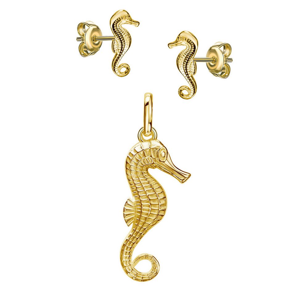 JEVELION Schmuckset Anhänger Seepferdchen mit 2x Ohrstecker 333 Gold- Made in Germany (Goldanhänger + Gold-Ohrschmuck, für Damen und Mädchen), Mit Kette vergoldet- Länge wählbar 36 - 70 cm oder ohne Kette. von JEVELION
