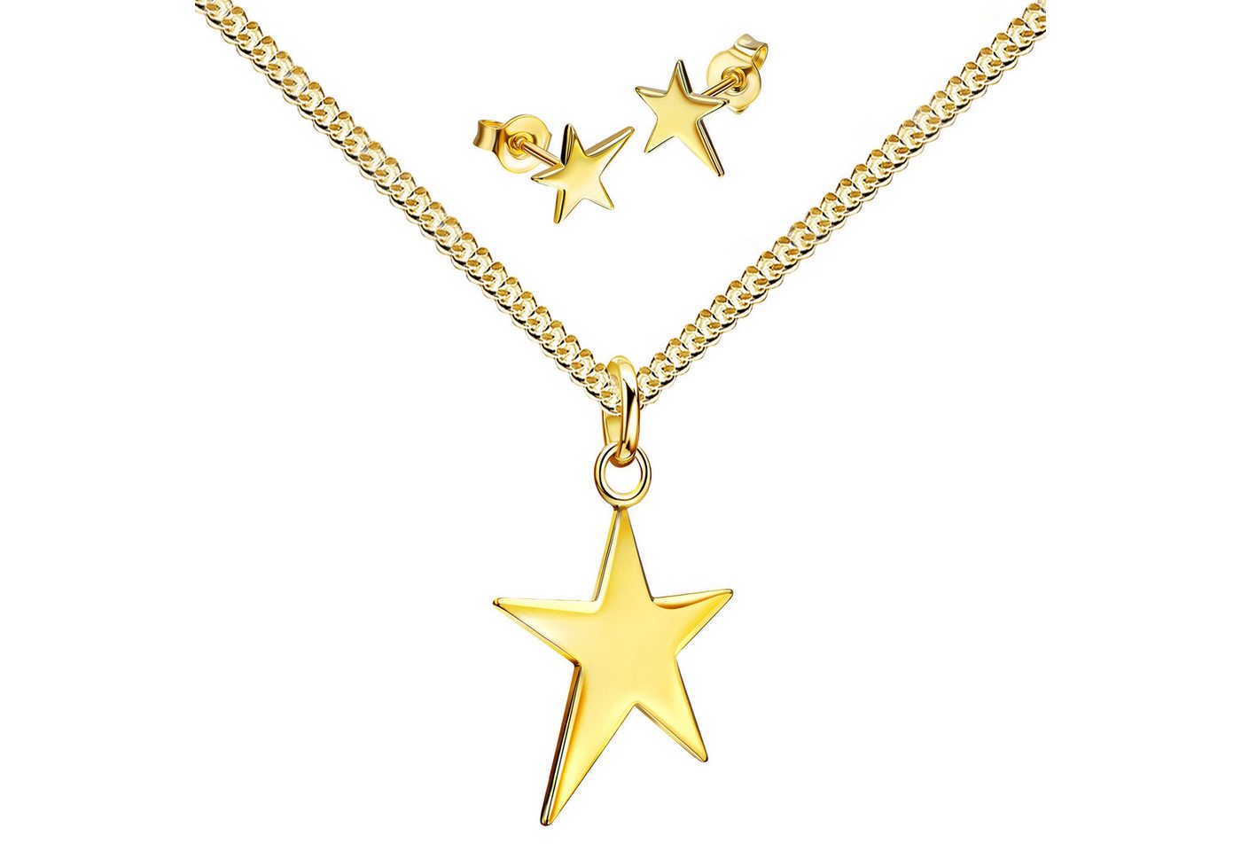 JEVELION Schmuckset Anhänger Stern mit 2x Ohrstecker 585 Gold - Made in Germany (Goldanhänger + Gold-Ohrschmuck, für Damen und Mädchen), Mit Kette vergoldet- Länge wählbar 36 - 70 cm oder ohne Kette. von JEVELION