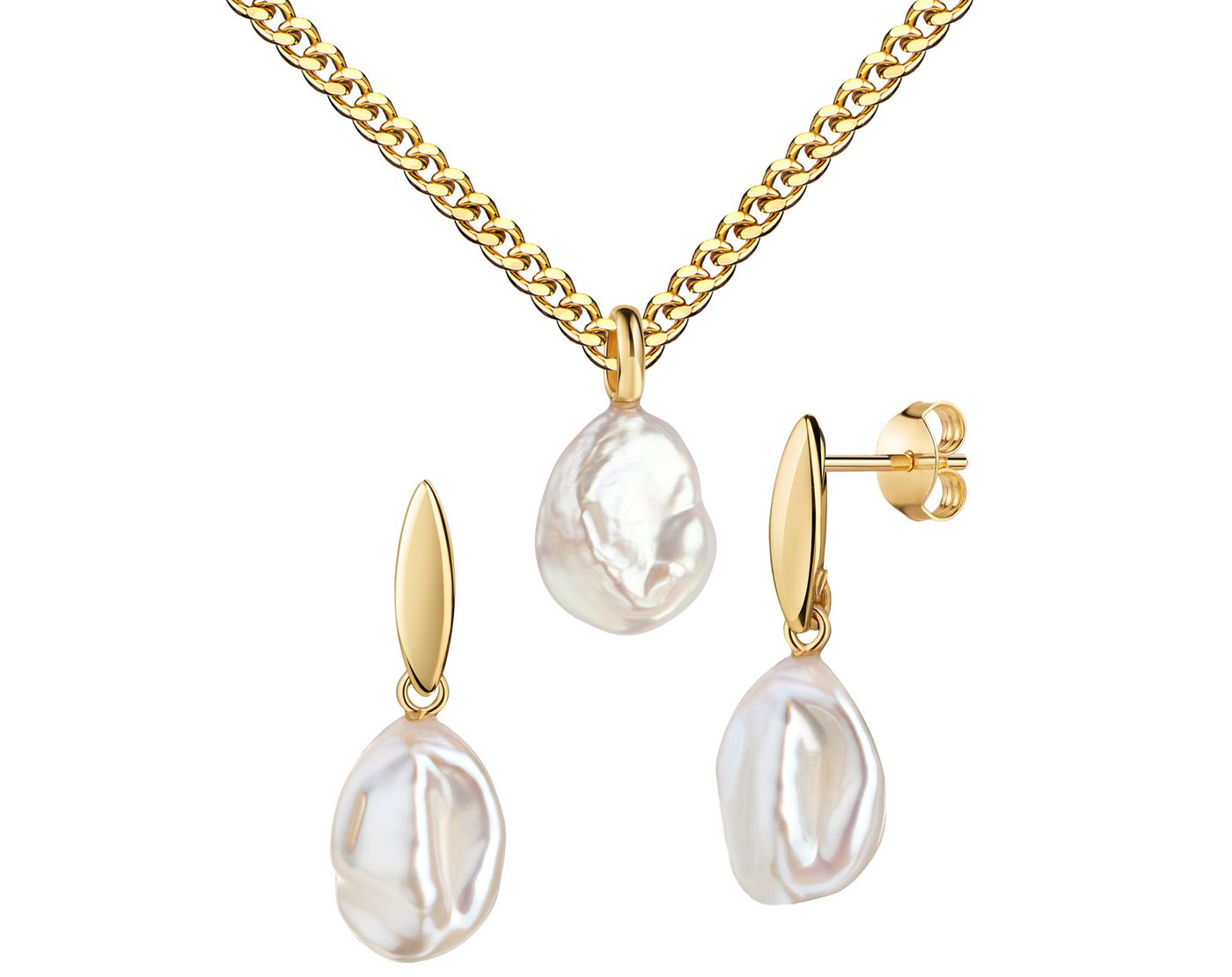 JEVELION Schmuckset Keshi Perle Anhänger + 2x Ohrstecker 585 Gold Süßwasser-perle weiß (Goldanhänger + Gold-Ohrschmuck, für Damen und Mädchen), Mit Kette vergoldet- Länge wählbar 36 - 70 cm oder ohne Kette. von JEVELION