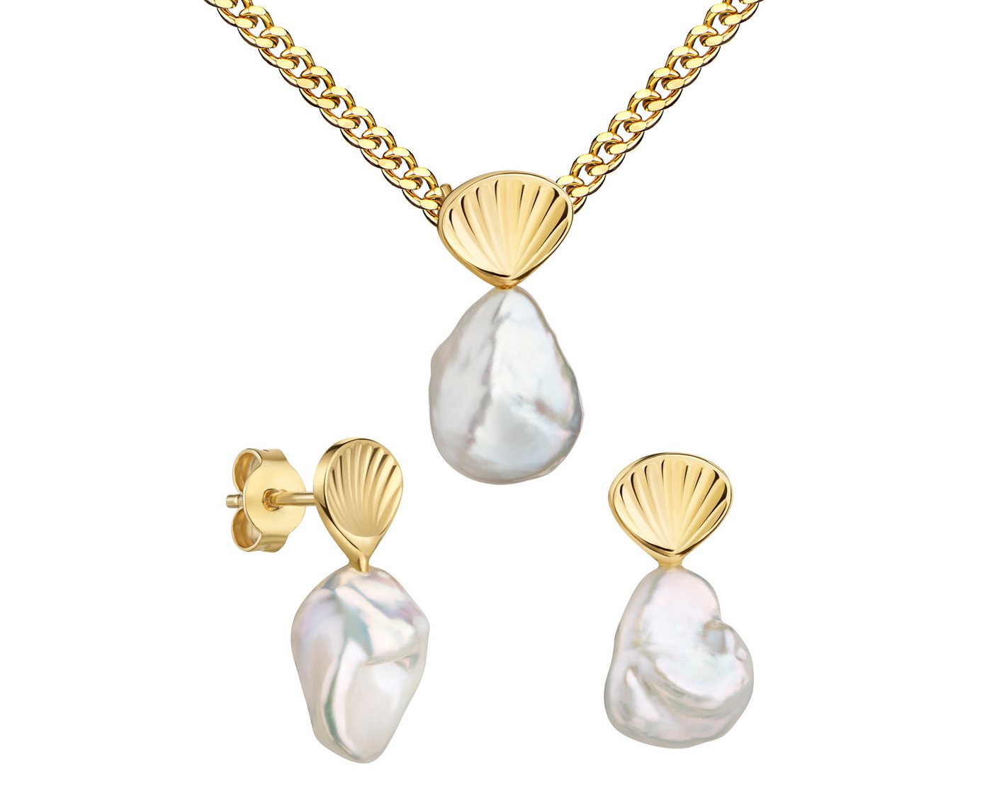 JEVELION Schmuckset Keshi Perle mit Goldmuschel Anhänger 2 Ohrstecker 333 Gold perle weiß (Goldanhänger + Gold-Ohrschmuck, für Damen und Mädchen), Mit Kette vergoldet- Länge wählbar 36 - 70 cm oder ohne Kette. von JEVELION