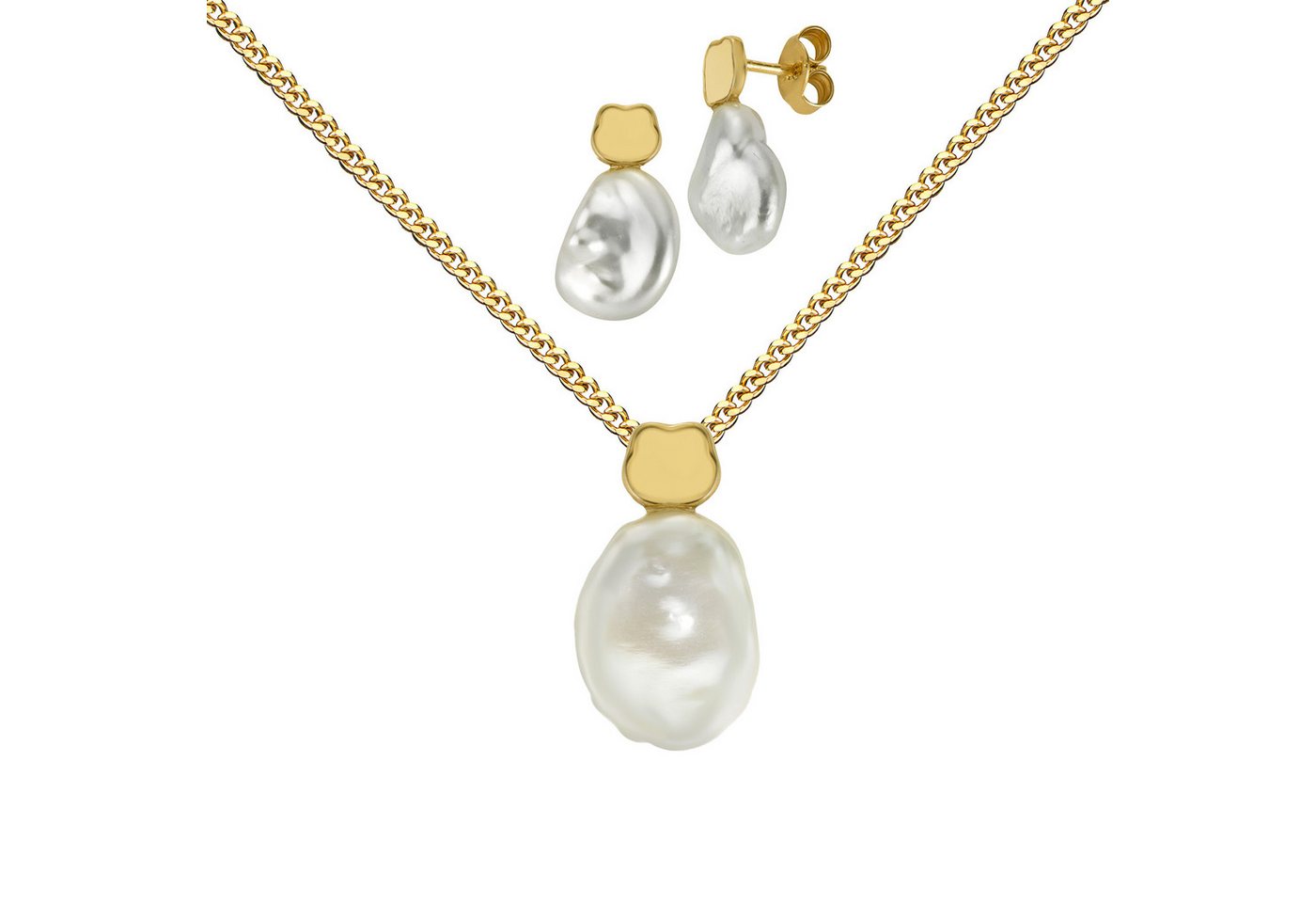 JEVELION Schmuckset Keshi Perle mit Kleeblatt Anhänger 2 Ohrstecker 750 Gold perle weiß (Goldanhänger + Gold-Ohrschmuck, für Damen und Mädchen), Mit Kette vergoldet- Länge wählbar 36 - 70 cm oder ohne Kette. von JEVELION