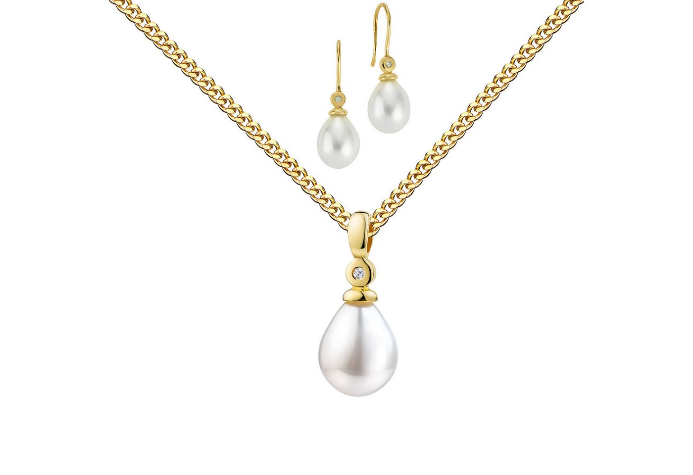 JEVELION Schmuckset Perlen-Anhänger + 2 Ohrhänger 333 Gold + Diamanten im Brillantschliff (Goldanhänger + Gold-Ohrschmuck, für Damen und Mädchen), Mit Kette vergoldet- Länge wählbar 36 - 70 cm oder ohne Kette. von JEVELION