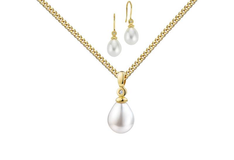 JEVELION Schmuckset Perlen-Anhänger + 2 Ohrhänger 333 Gold + Diamanten im Brillantschliff (Goldanhänger + Gold-Ohrschmuck, für Damen und Mädchen), Mit Kette vergoldet- Länge wählbar 36 - 70 cm oder ohne Kette. von JEVELION