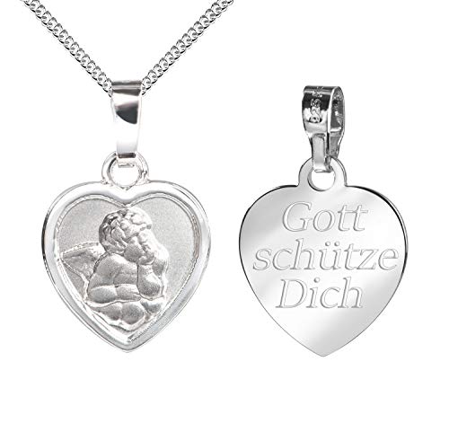 JEVELION Schutz-Engelkette Herz-Anhänger Silber-Anhänger 925 Sterling Silber für Damen, Herren und Kinder mit Gravur Gott Schütze Dich als Kettenanhänger + Schmuck-Etui mit Halskette von JEVELION