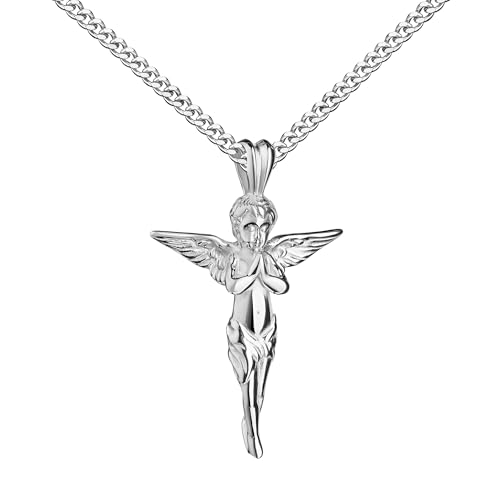 JEVELION Silberschmuck Schutzengel Kreuz Anhänger 925 Silber für Damen und Herren mit Schutz-Engel-Ornament. Mit Damenkette 925 Silber - Kettenlänge 50 cm. von JEVELION