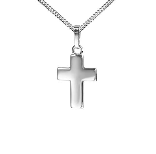 JEVELION Weiss-Gold-Kreuz Kreuz-Anhänger für Damen, Herren und Kinder mattiertes Kreuz mit strahlenförmiger Kreuz-Gravur als Kettenanhänger 585 Weissgold 14 Karat mit Panzer-Kette + Schmuck-Etui von JEVELION