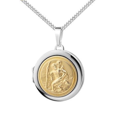 Medaillonanhänger Christophorus Bicolor Medaillon zum Öffnen für Bilder 925 Silber Foto Amulett für Damen und Herren + Schmuck-Etui Mit hochwertiger Schmuck-Kette 925 Silber - Kettenlänge 70 cm. von JEVELION