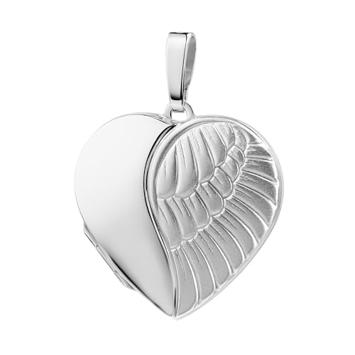 Medaillonanhänger Großes Medaillon Herz - Engel-Flügel-Amulett für 2 Bilder zum Öffnen - 925 Sterlingsilber. Mit hochwertiger Schmuck-Kette 925 Silber - Kettenlänge 70 cm. von JEVELION