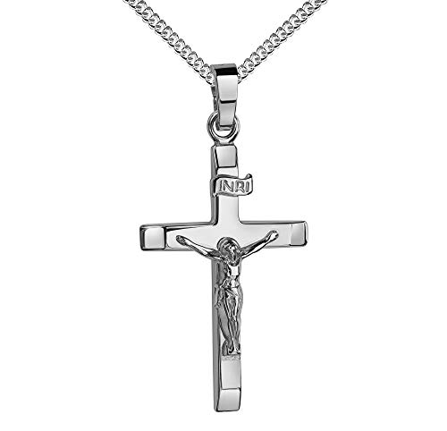 Kreuz-Anhänger Kruzifix Jesus Christus mit INRI-Gravur für Damen, Herren und Kinder als Kettenanhänger 925 Silber mit Schmuck-Etui und Schmuckzertifikat. Mit Kette 925 Silber - Kettenlänge 60 cm. von JEVELION