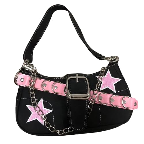 Y2K Ästhetische Schultertasche Handtasche Frauen Hajaruku Stern Taschen Punk Kette Gürtel Canvas Geldbörse Kleine Hobo Tasche Y2K Stuff, schwarz/pink von JEVELS
