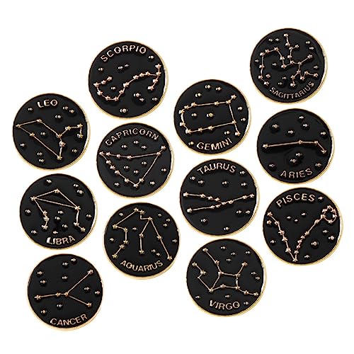 JEWEDECO 12 Stück Teiliges Emaille Anstecknadeln Set Langlebige Legierung Eleganter Schwarzer Runder Hintergrund Vielseitige Broschen Schmuck für Frauen Horoskop Abzeichen Pins von JEWEDECO