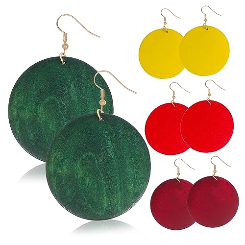 JEWEDECO 4 Paar Vintage Boho Holzohrringe Damen Runde Geometrische Dangle Drop Ohrhänger Leicht Ohrhaken Farben Gelb Rot Weinrot von JEWEDECO