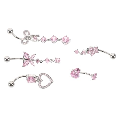 JEWEDECO 5 Stück Teiliges Bauchnabelpiercing Set für Damen mit Funkelnden Zirkonia Herz Schmetterling Schleife und Blume für Sommer Events und Partys von JEWEDECO