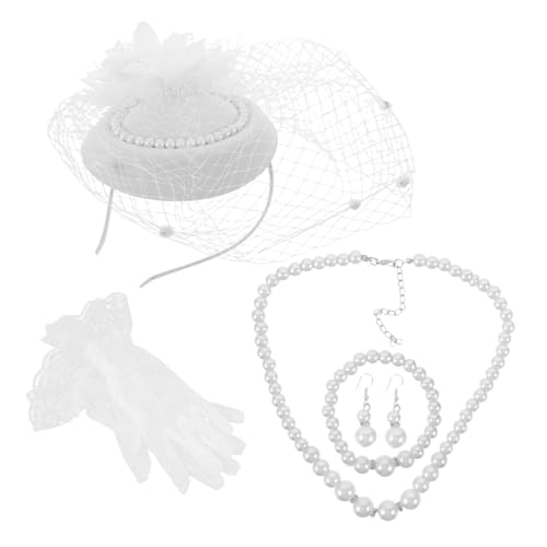 JEWEDECO Elegantes Damen Weiß mit Fascinator hut Perlenohrringen Halskette Spitzenhandschuhen und Schleier Vintage stil für Hochzeit Mutter tochter events und Festliche Anlässe von JEWEDECO