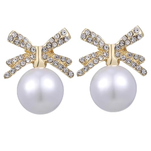 JEWEDECO Perlenohrringe Damen Ohrstecker mit Schleife und Strass Tropfenohrringe Robustem Legierungs Material Statement Ohrringe Vielseitig Kombinierbar für Alltag und Fest von JEWEDECO