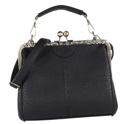 JEWEDECO Damen Retro Umhängetasche Schultertasche PU Schwarz Vintage Clip Tasche Henkeltasche mit Obergriff Kiss Lock Geldbörse für Alltag und Arbeit von JEWEDECO