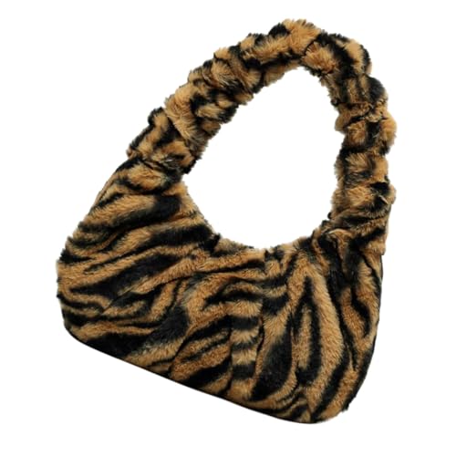 JEWEDECO Winter Plüsch Schultertasche Damen Armpit Bag Handtasche Leicht Groß Volumen Braun Gestreift Kuschelig Tragbar von JEWEDECO