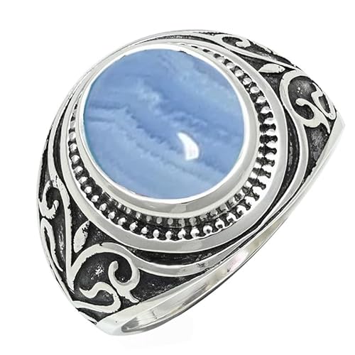 JEWELFORCE 925 Sterling Silber Blauer Spitze Achat Edelstein Ring Herren Damen Stein Bandring Alle Größen Ring Handgefertigter Schmuck JSR-1121CG_70 (22.3) von JEWELFORCE