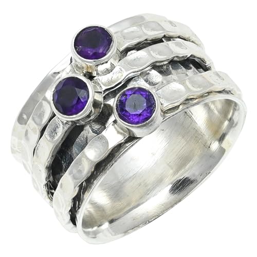 JEWELFORCE Amethyst Edelstein 925 Sterling Silber Spinnerring Herren und Damen Meditationsring Geschenkartikel handgefertigter Schmuck JSR-1269A_49 (15.6) von JEWELFORCE