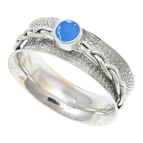 JEWELFORCE Blauer Chalcedon Edelstein 925 Sterling Silber Stilvoller Handgefertigter Band Ring Geschenkartikel Herren und Damen Schmuck JSR-143CF14_(60 (19.1)) von JEWELFORCE