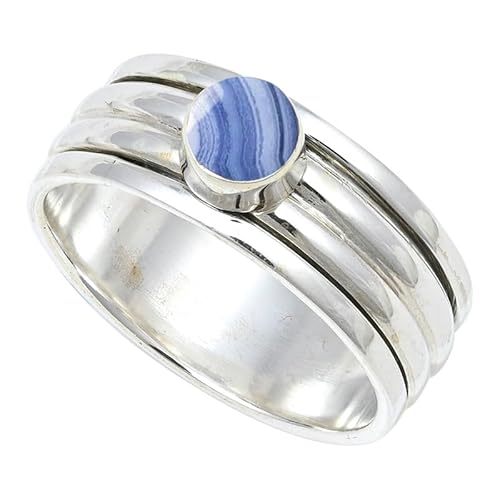 JEWELFORCE Blauer Spitzenachat Edelstein 925 Sterling Silber Stilvoller Handgefertigter Band Ring Geschenkartikel Herren und Damen Schmuck JSR-148CG11_(57 (18.1)) von JEWELFORCE