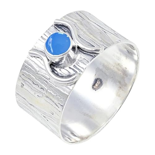 JEWELFORCE Blue Chalcedony Edelstein 925 Sterling Silber Stilvoller Handgefertigter Band Ring Geschenkartikel Herren und Damen Schmuck JSR-114CF22_(68 (21.6)) von JEWELFORCE