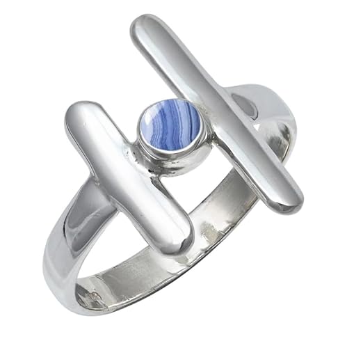 JEWELFORCE Blue Lace Agate Edelstein 925 Sterling Silber Stilvoller Handgefertigter Band Ring Geschenkartikel Herren und Damen Schmuck JSR-105CG11_(57 (18.1)) von JEWELFORCE