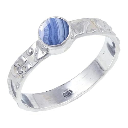 JEWELFORCE Blue Lace Agate Edelstein 925 Sterling Silber Stilvoller Handgefertigter Band Ring Geschenkartikel Herren und Damen Schmuck JSR-121CG1_(47 (15.0)) von JEWELFORCE
