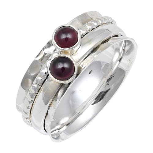 JEWELFORCE Cabochon-Granat-Edelstein-Spinnerring, 925er Sterlingsilber, Meditationsring für Männer und Frauen, alle Größen, handgefertigter Schmuck JSR-155G_58 (18.5) von JEWELFORCE