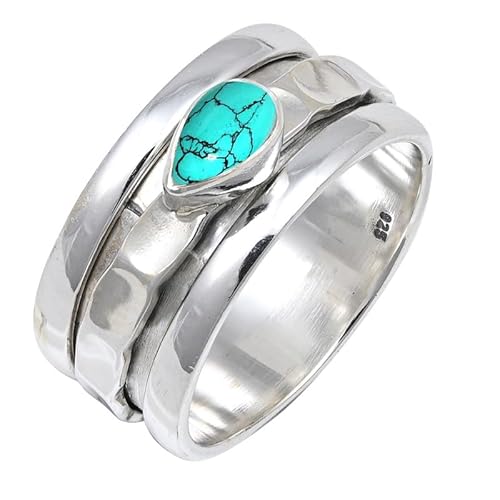 JEWELFORCE Lab Created Turquoise Edelstein Sterling Silber Stilvoller Handgefertigter Band Ring Geschenkartikel für Männer und Frauen Schmuck JSR-141BU5_(51 (16.2)) von JEWELFORCE