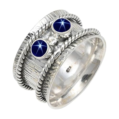JEWELFORCE Laborgezüchteter blauer Lindy Star Edelstein 925 Sterling Silber Stilvoller Handgefertigter Band Ring Geschenkartikel Herren und Damen Schmuck JSR-146BG19_(65 (20.7)) von JEWELFORCE