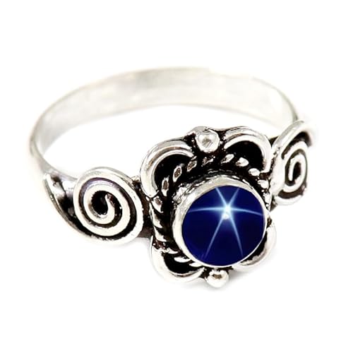 JEWELFORCE Laborgezüchteter blauer Lindy Star Edelstein 925 Sterling Silber Stilvoller Handgefertigter Band Ring Geschenkartikel Herren und Damen Schmuck JSR-165BG16_(62 (19.7)) von JEWELFORCE