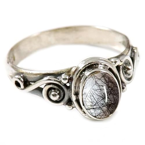 Laborgezüchteter schwarzer Rutil Quarz Edelstein 925 Sterling Silber Stilvoller Handgefertigter Band Ring Geschenkartikel Herren und Damen Alle Größen Schmuck JSR-192BL3_(49 (15.6)) von JEWELFORCE