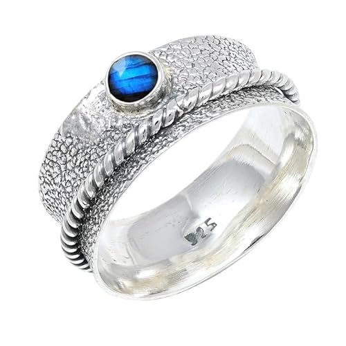 Labradorit Edelstein für Herren und Damen in allen Größen Sterling Silber Stilvoller Handgefertigter Band Ring Geschenkartikel Schmuck JSR-153BN24_(70 (22.3)) von JEWELFORCE