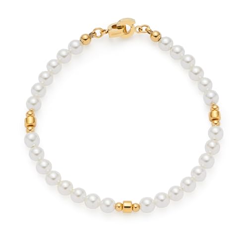 JEWELS BY LEONARDO Armband Clip & Mix Christa • Arm-Schmuck aus goldfarbenem Edelstahl • weiße Imitationsperlen mit Goldelementen • 19,5 cm Länge • Schmuck Geschenk für Frauen • 025568 von JEWELS BY LEONARDO
