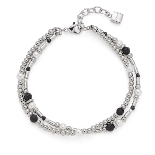JEWELS BY LEONARDO Armband Sabine • doppelreihiger Arm-Schmuck aus silberfarbenem Edelstahl • silberne Elemente mit Perlen in schwarz-weiß • 18,5-21 cm Länge • Schmuck Geschenk für Frauen • 024936 von JEWELS BY LEONARDO