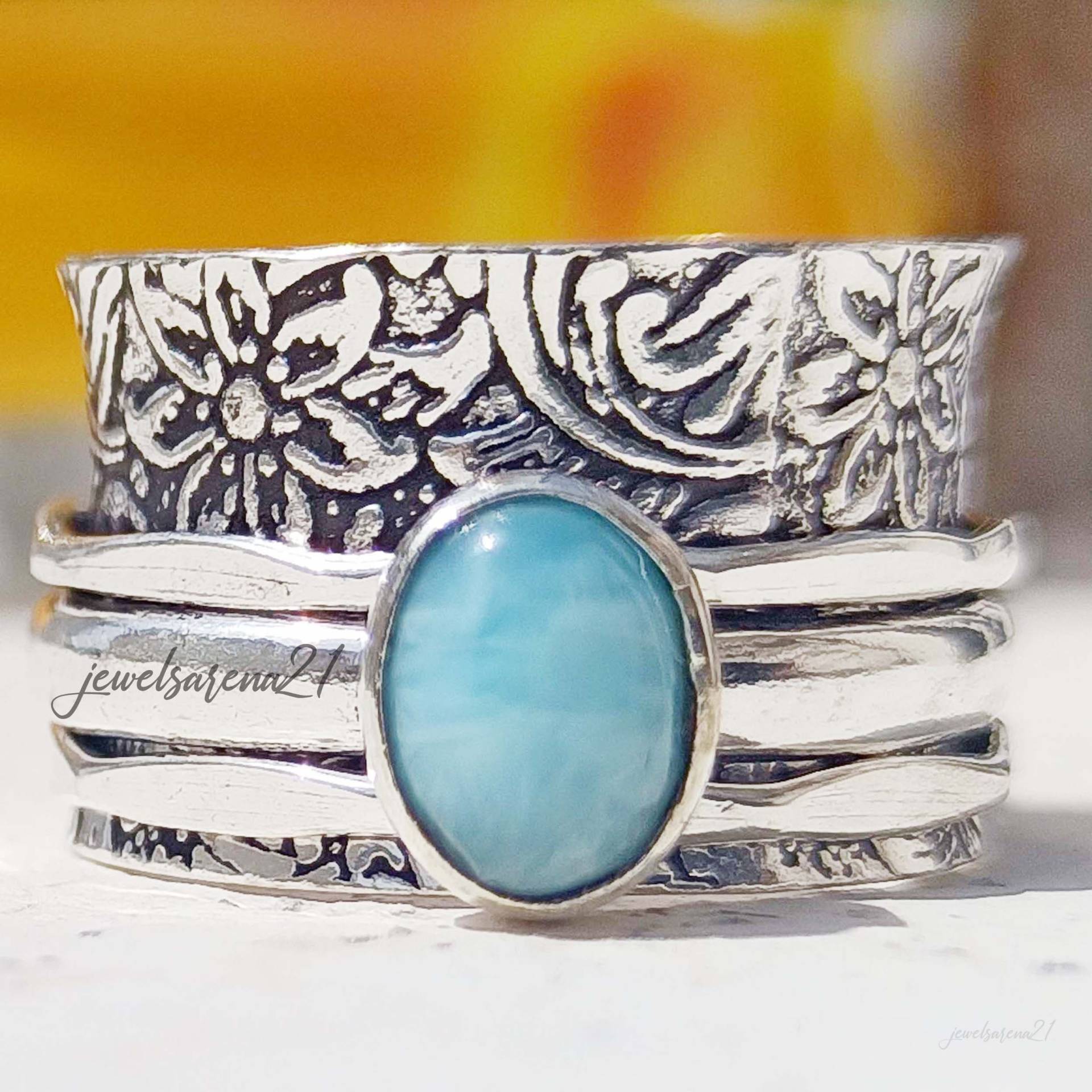 Larimar Ring, Spinner 925 Silber Spinner, Handgemachter Statement Fidget Sorgen Daumen Frauen Geschenk Für Sie von JEWELSARENA21