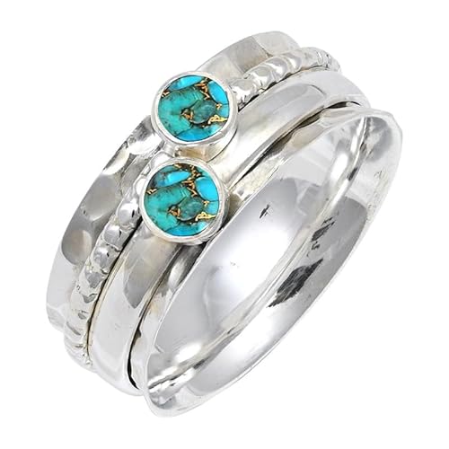 JEWELSTREZORO Blauer Kupfertürkis Edelstein-für Herren und Damen925er-SterlingSilber Stilvoller handgefertigter Band Ring Geschenkartikel Schmuck TSR155BI_17 (63 (20.1)) von JEWELSTREZORO