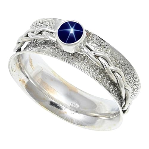 JEWELSTREZORO Blauer Lindy Star im Labor gezüchtet Edelstein 925 Sterling Silber Stilvoller handgefertigter Band Ring Geschenkartikel Männer & Frauen alle Größen Jewerly TSR143BG_28 (74 (23.6)) von JEWELSTREZORO
